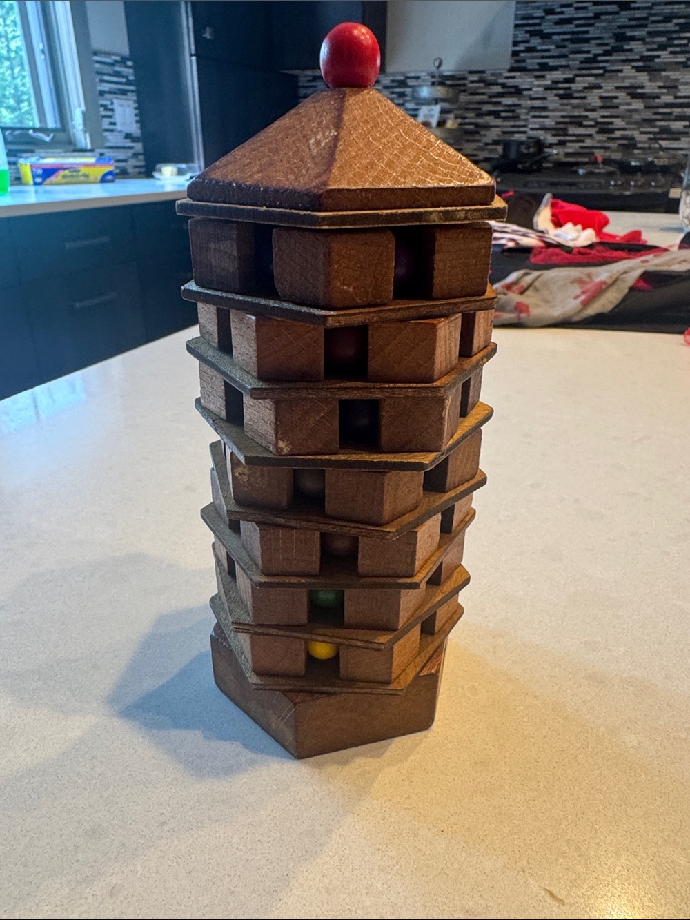Wooden pagoda game  Stacking Tower with Red Finial great for anyone, challenging